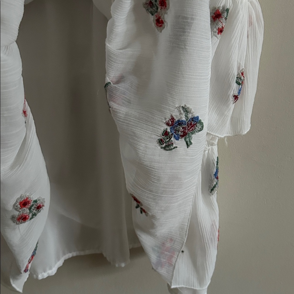 Zara Ivory Floral Whimsy Boho Embroidered Chiffon Tiered Lined Mini Dress Med - Picture 14 of 16